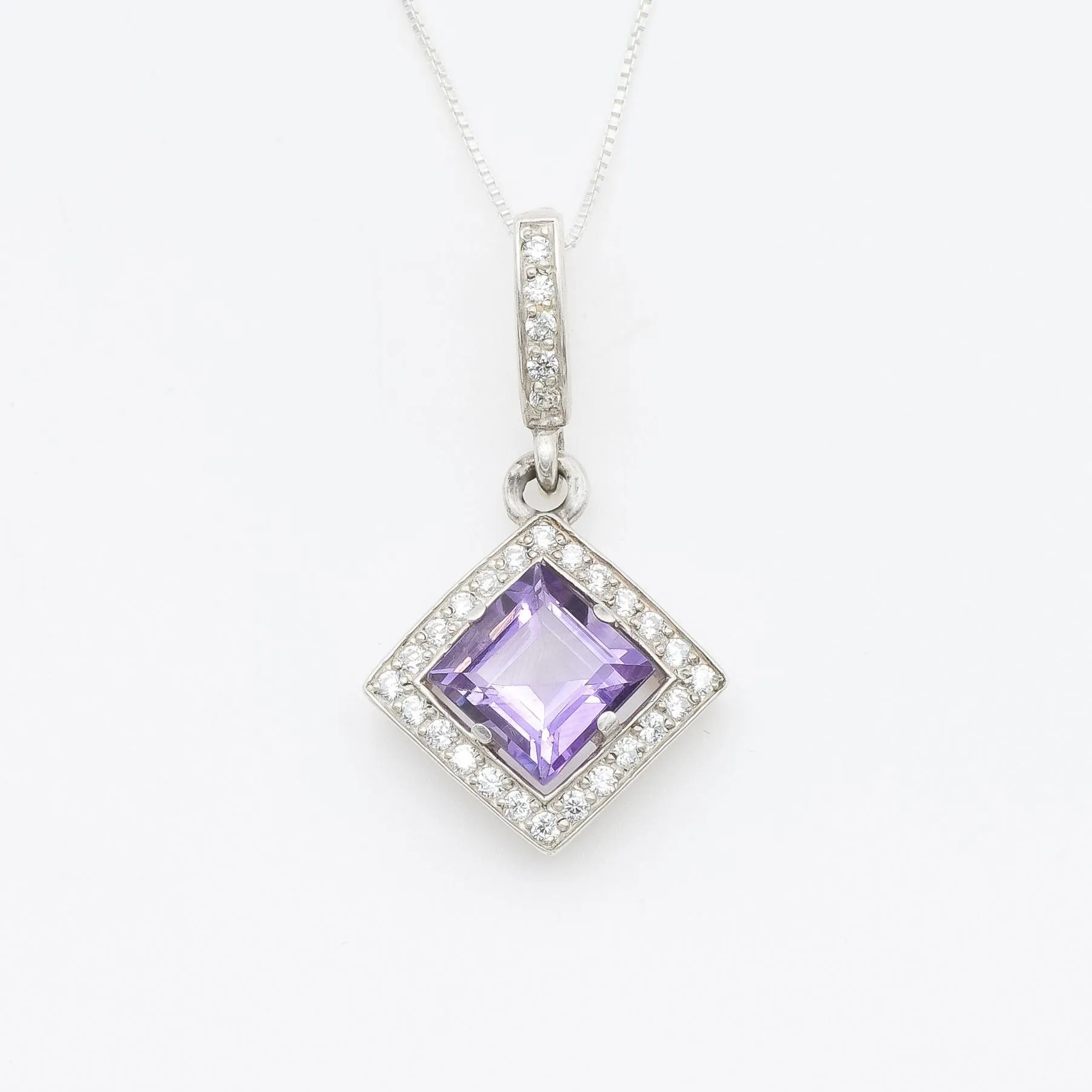 Square Amethyst Necklace - Genuine Amethyst Pendant - Amethyst Vintage Necklace