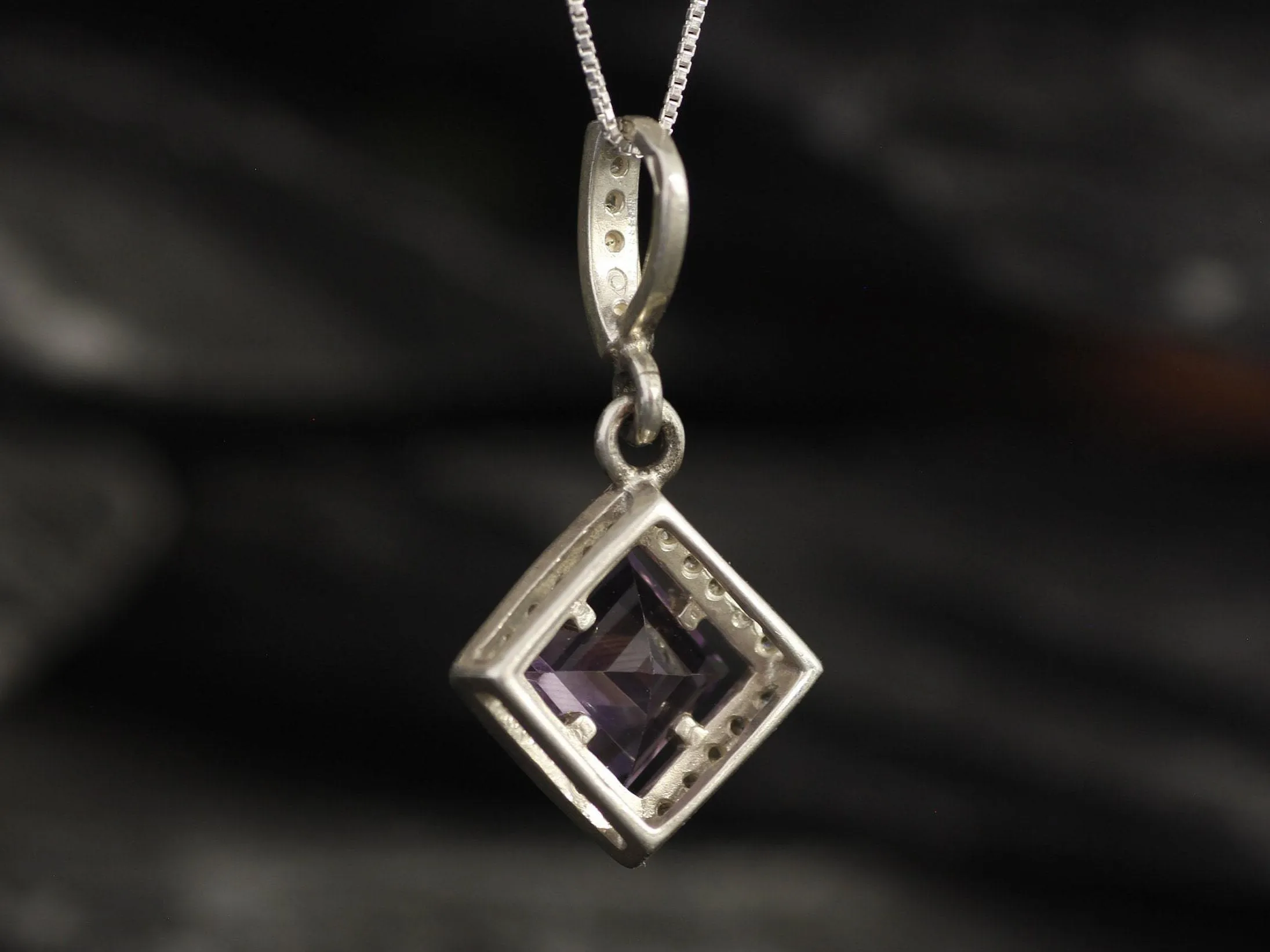 Square Amethyst Necklace - Genuine Amethyst Pendant - Amethyst Vintage Necklace