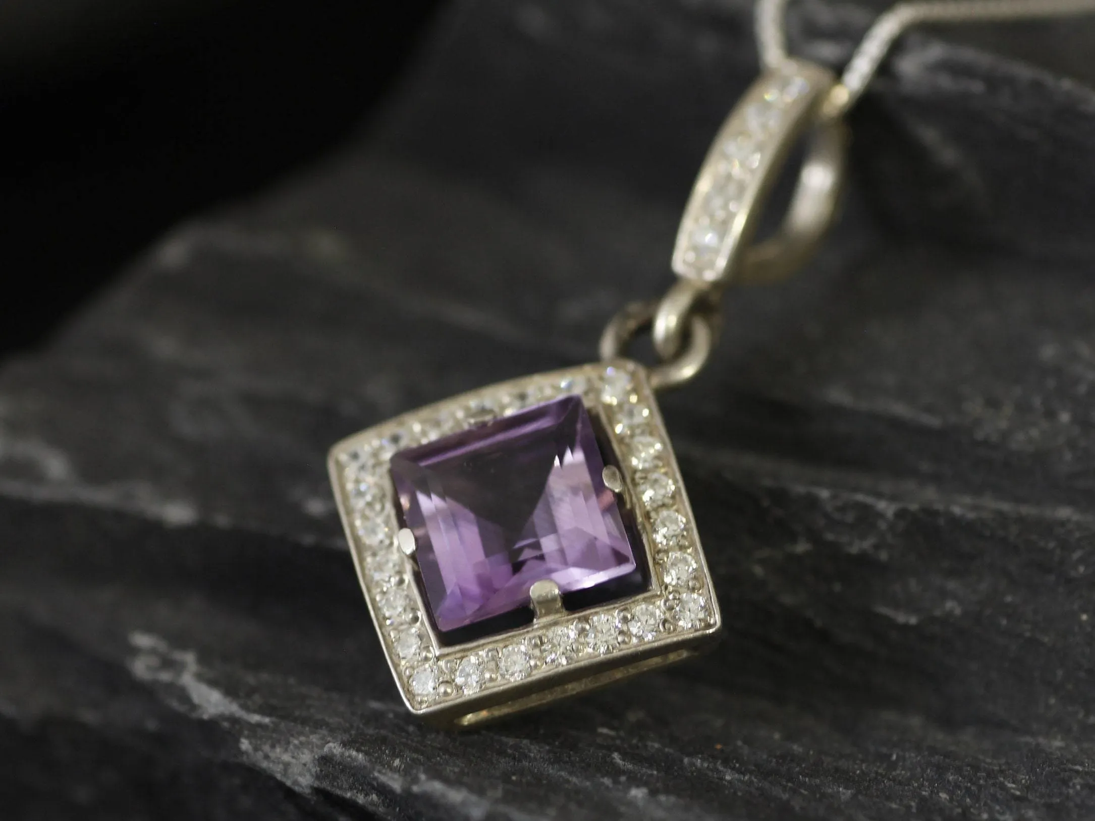 Square Amethyst Necklace - Genuine Amethyst Pendant - Amethyst Vintage Necklace