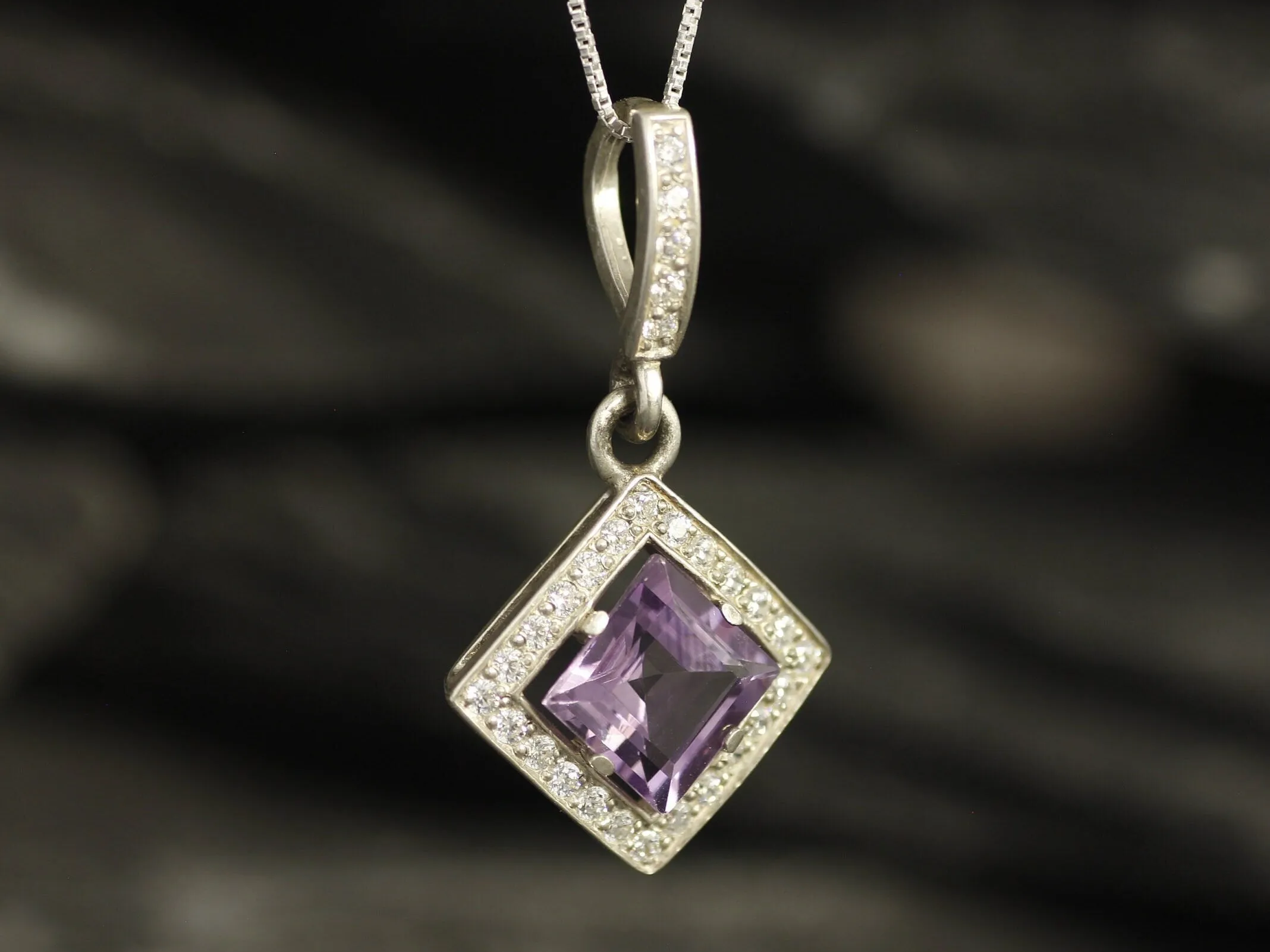 Square Amethyst Necklace - Genuine Amethyst Pendant - Amethyst Vintage Necklace