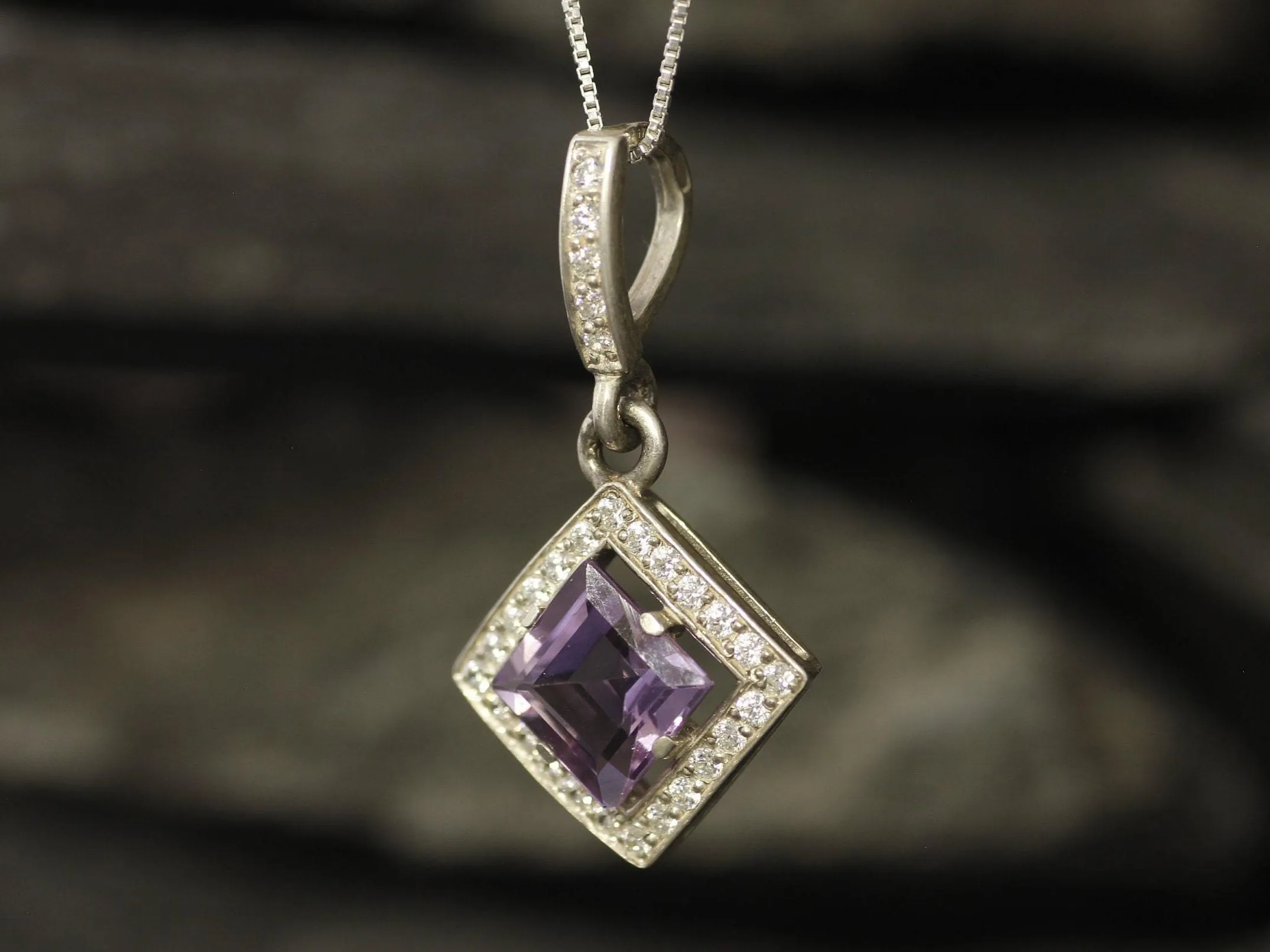 Square Amethyst Necklace - Genuine Amethyst Pendant - Amethyst Vintage Necklace