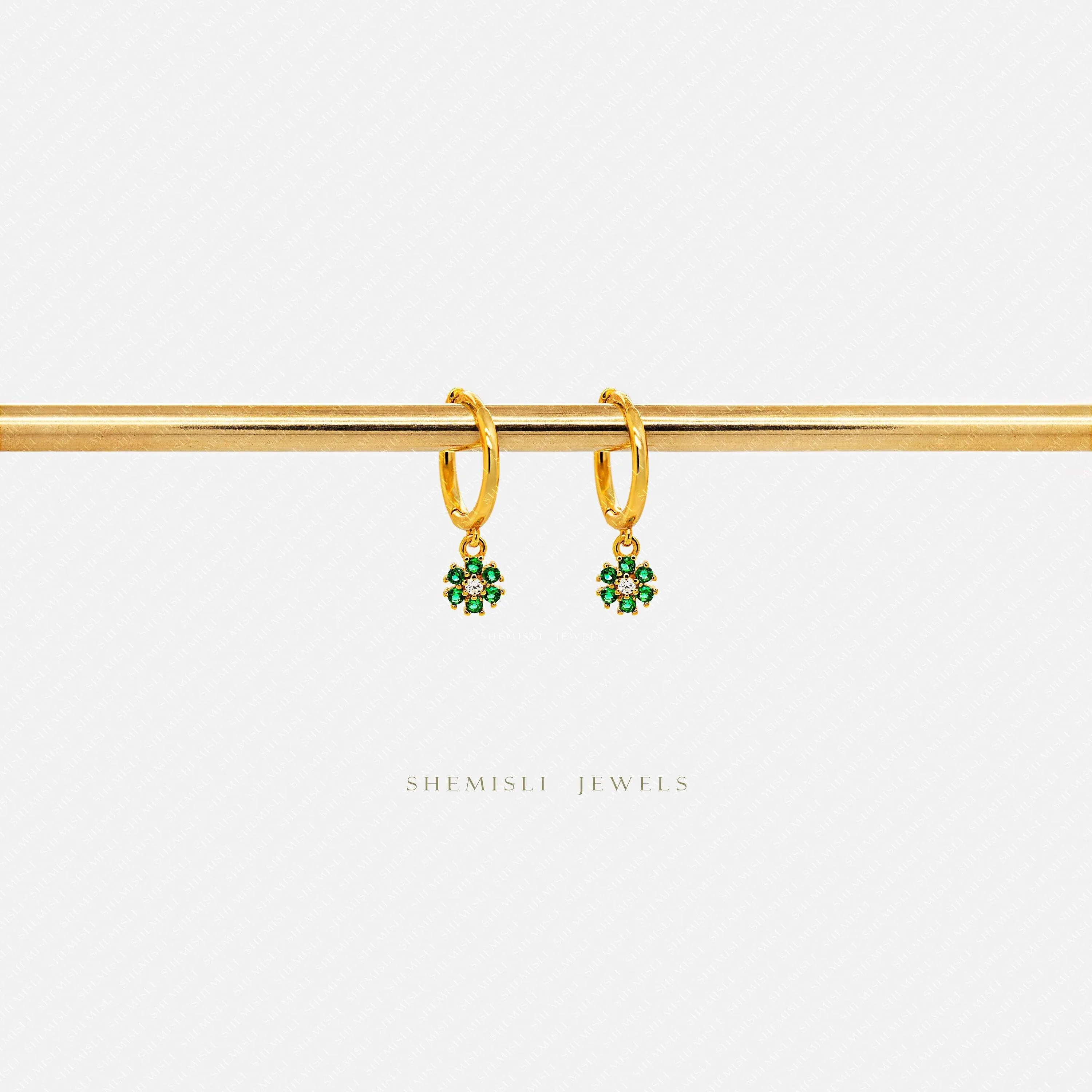 Tiny Emerald Flower CZ Drop Hoop Earrings, Flower Dangle Huggies, Gold, Silver SHEMISLI SH533