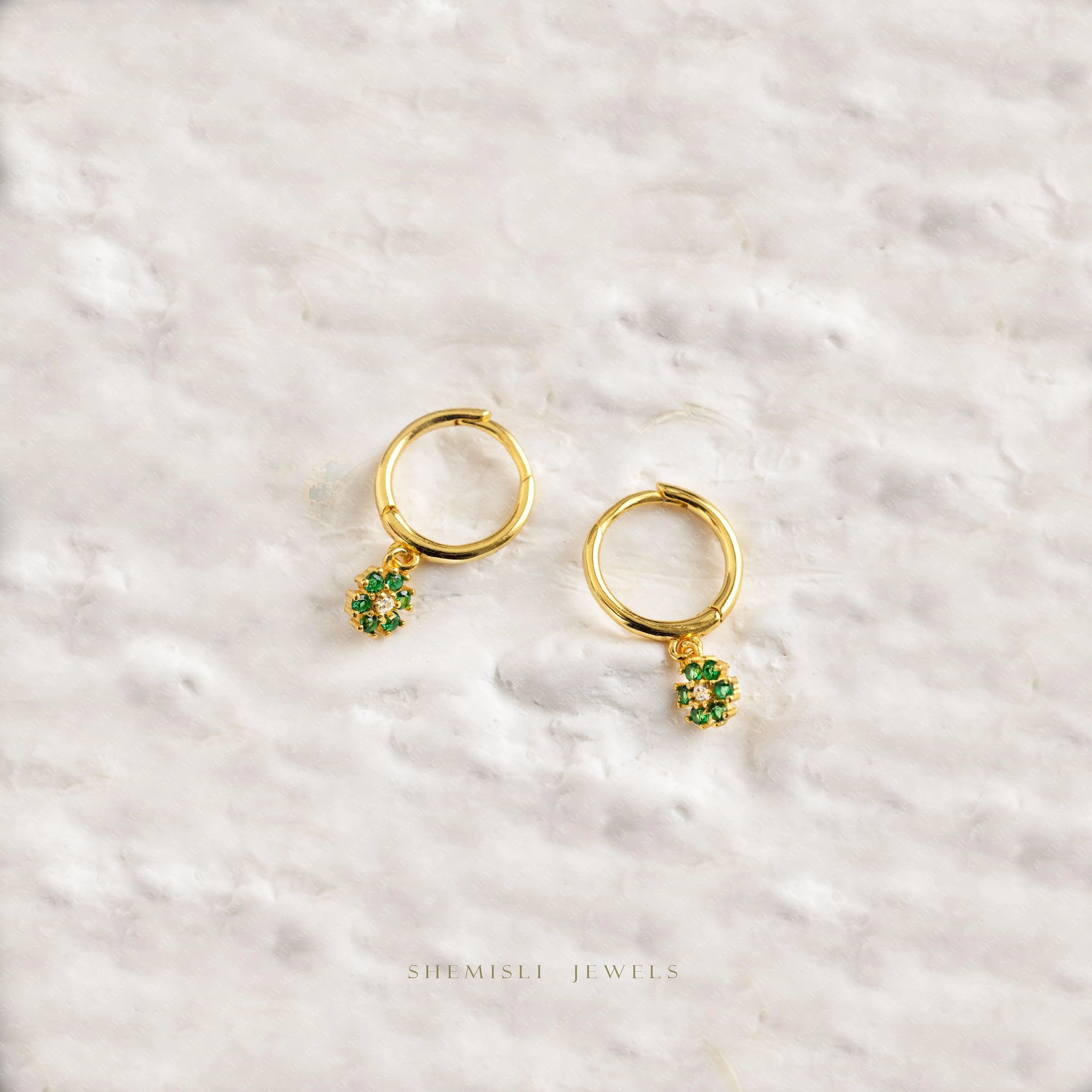 Tiny Emerald Flower CZ Drop Hoop Earrings, Flower Dangle Huggies, Gold, Silver SHEMISLI SH533
