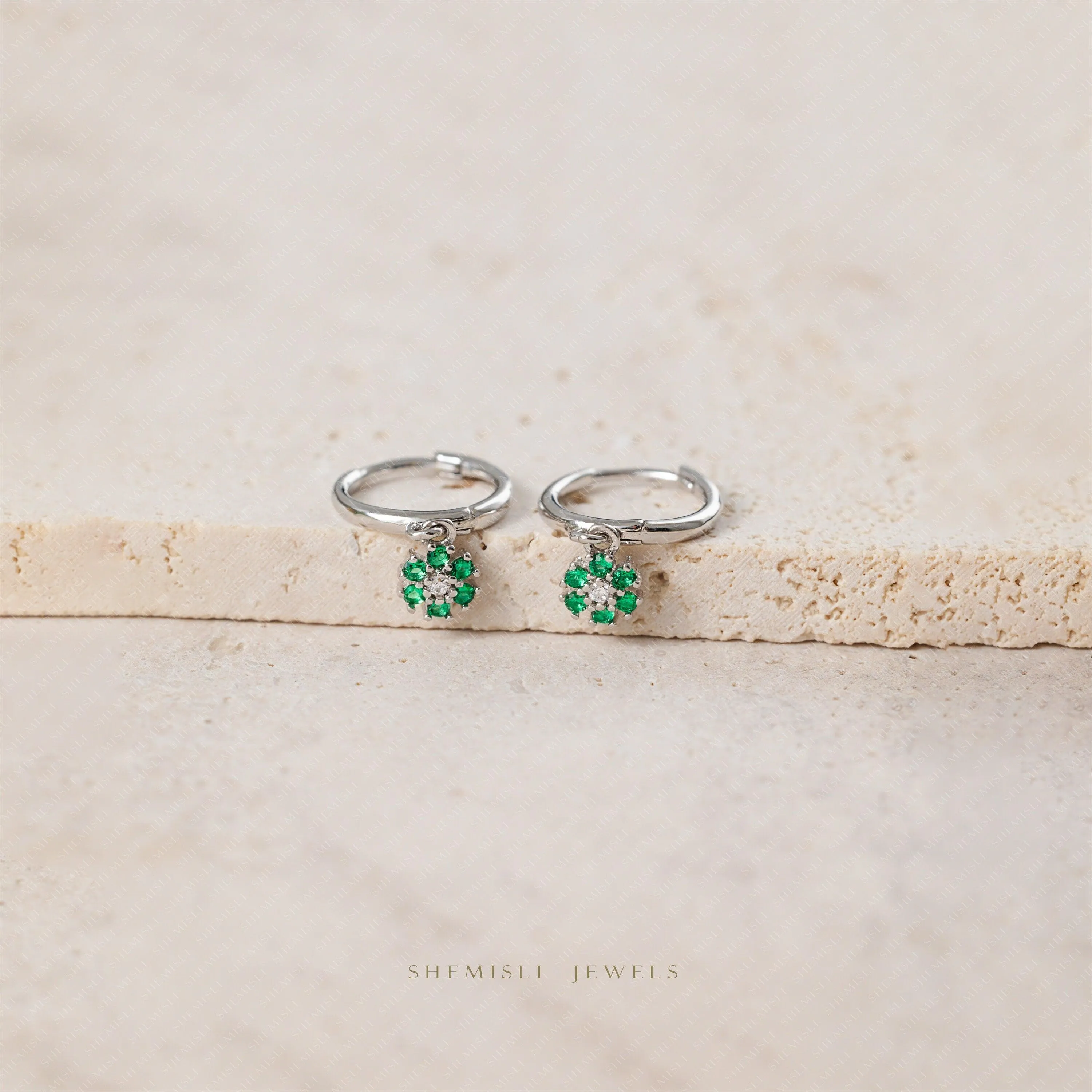 Tiny Emerald Flower CZ Drop Hoop Earrings, Flower Dangle Huggies, Gold, Silver SHEMISLI SH533