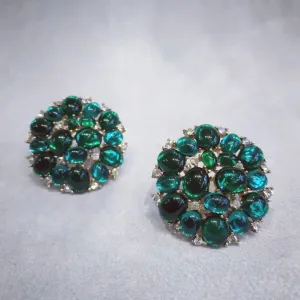 Trifari Vintage Emerald Green glass cabochon cluster clip on earrings