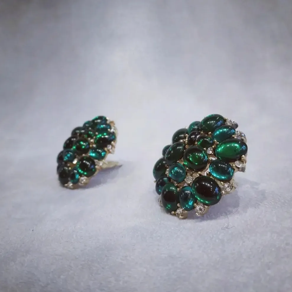 Trifari Vintage Emerald Green glass cabochon cluster clip on earrings