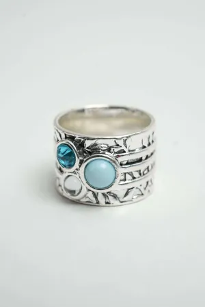 Unique Silver Statement Ring with Turquoise and Crystal Accents