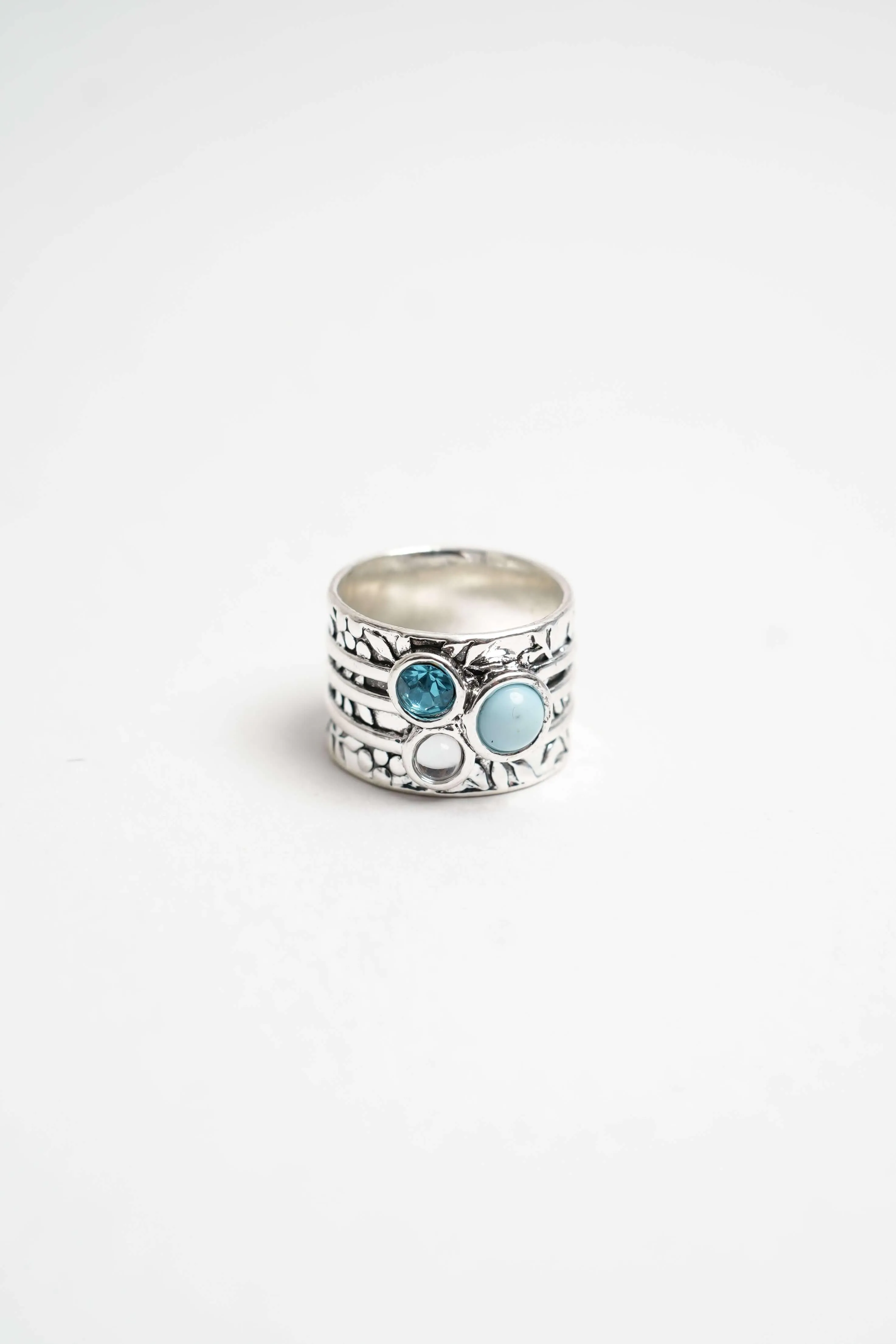Unique Silver Statement Ring with Turquoise and Crystal Accents