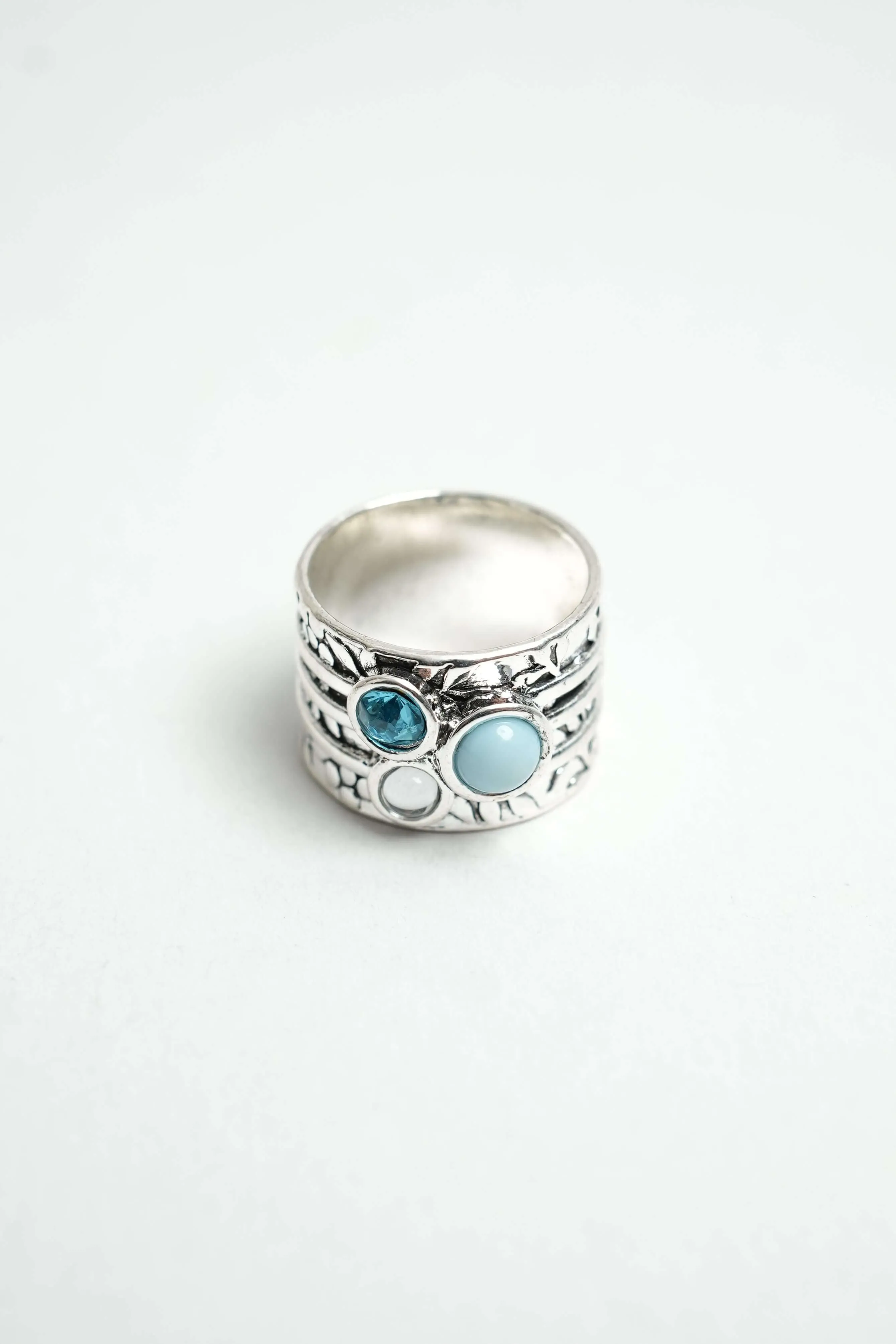 Unique Silver Statement Ring with Turquoise and Crystal Accents