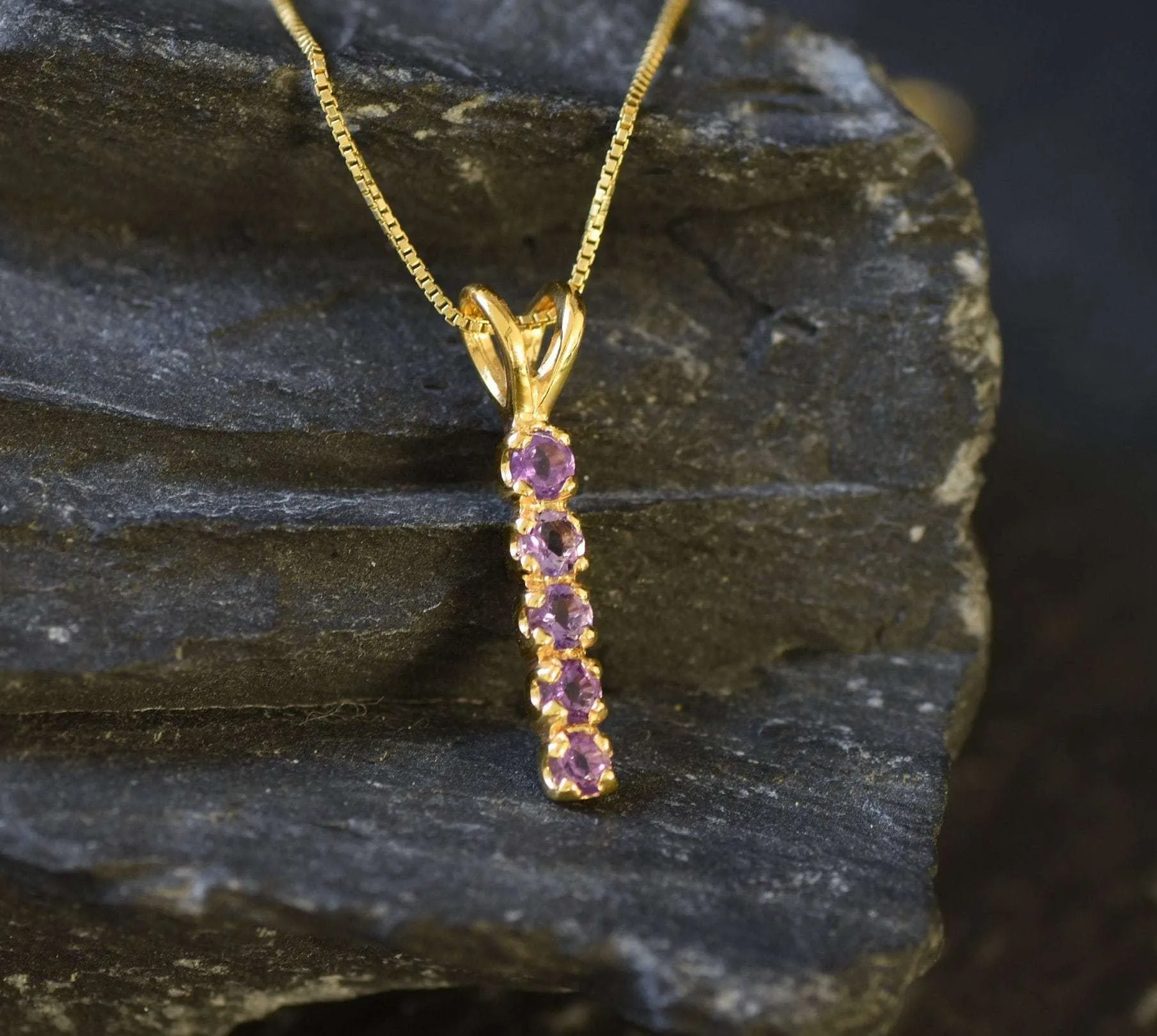 Vertical Amethyst Pendant - Natural Amethyst Necklace, Gold Amethyst Pendant