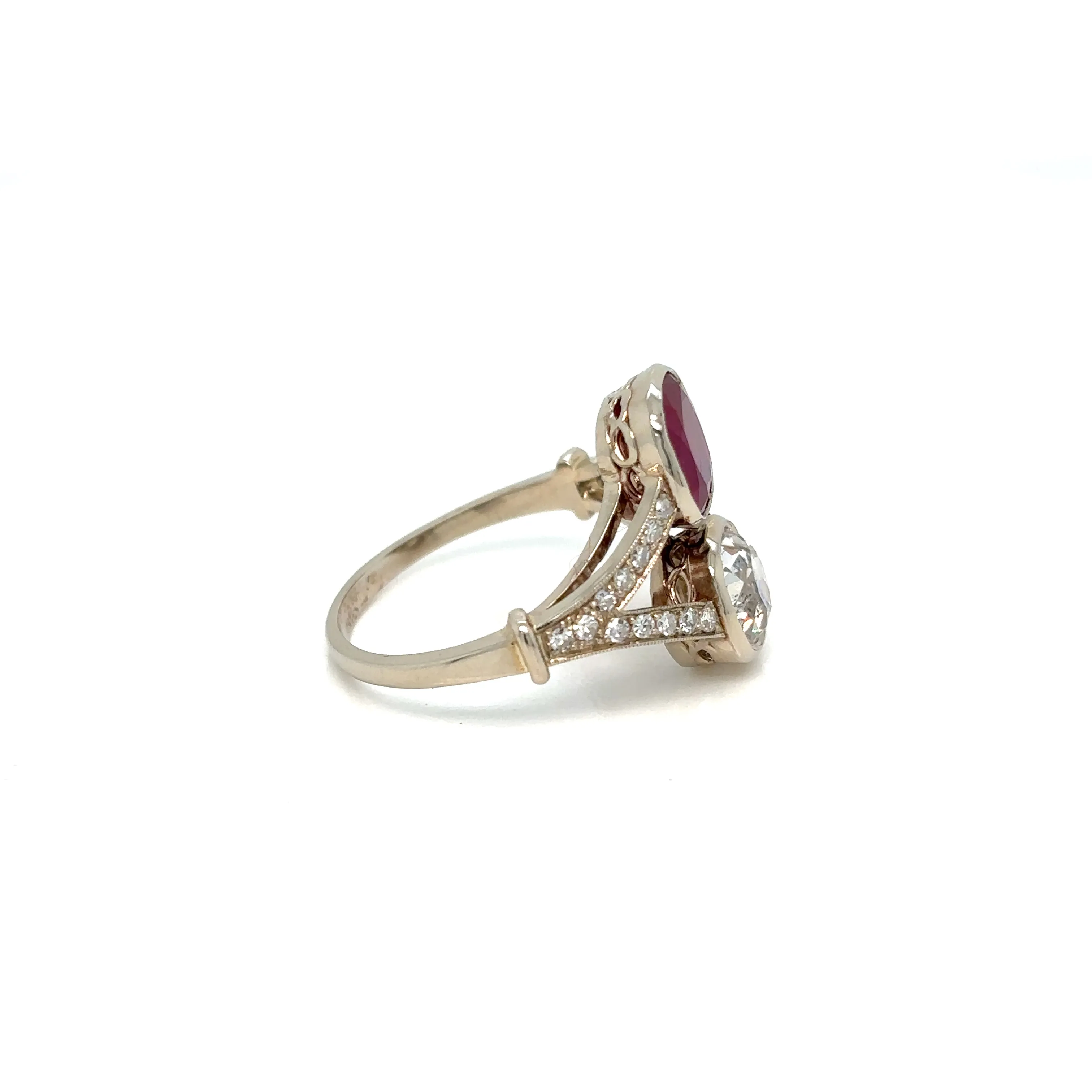 Victorian Certified Natural Unheated Ruby Diamond Vous et Moi Ring
