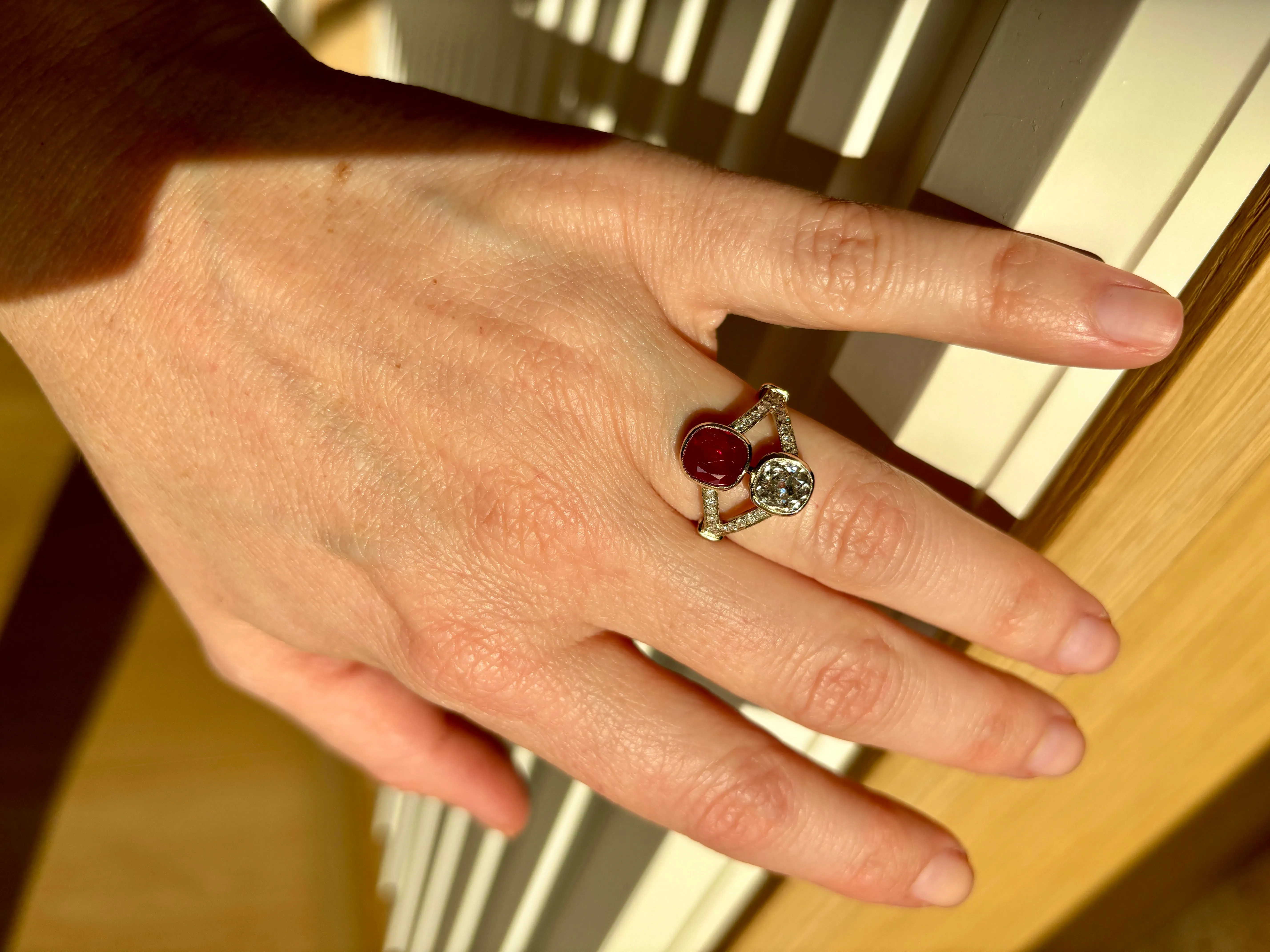 Victorian Certified Natural Unheated Ruby Diamond Vous et Moi Ring