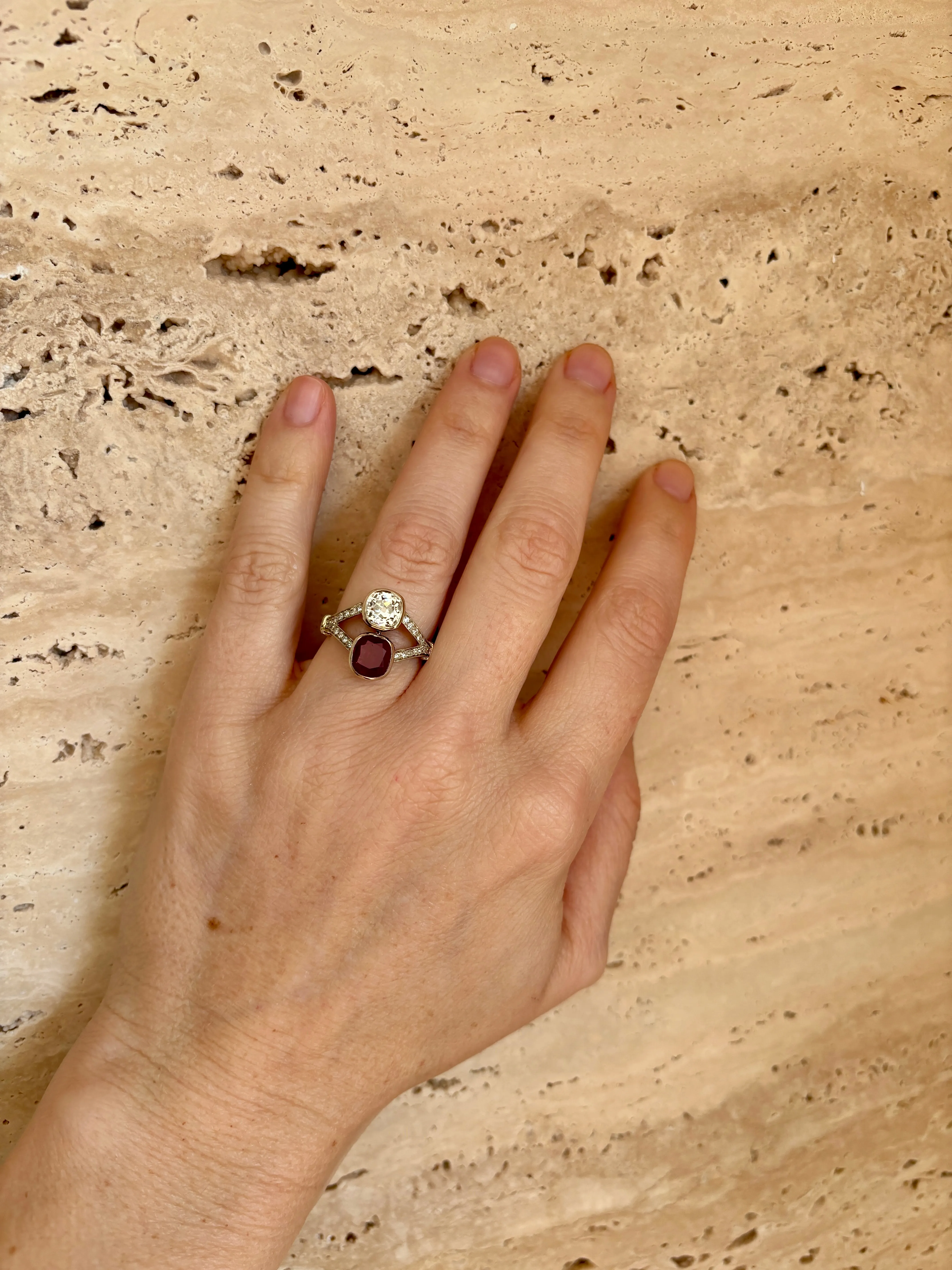 Victorian Certified Natural Unheated Ruby Diamond Vous et Moi Ring