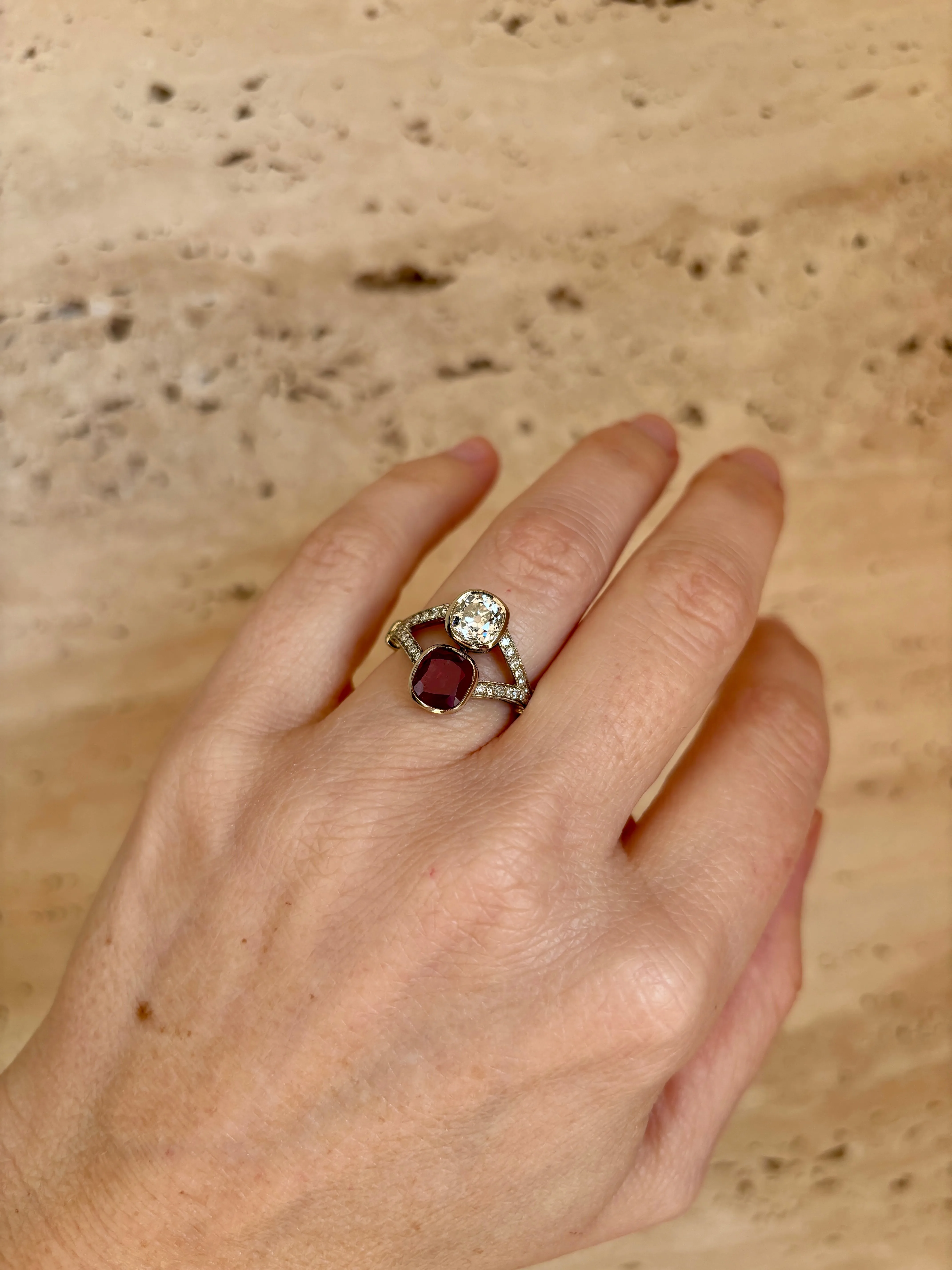 Victorian Certified Natural Unheated Ruby Diamond Vous et Moi Ring