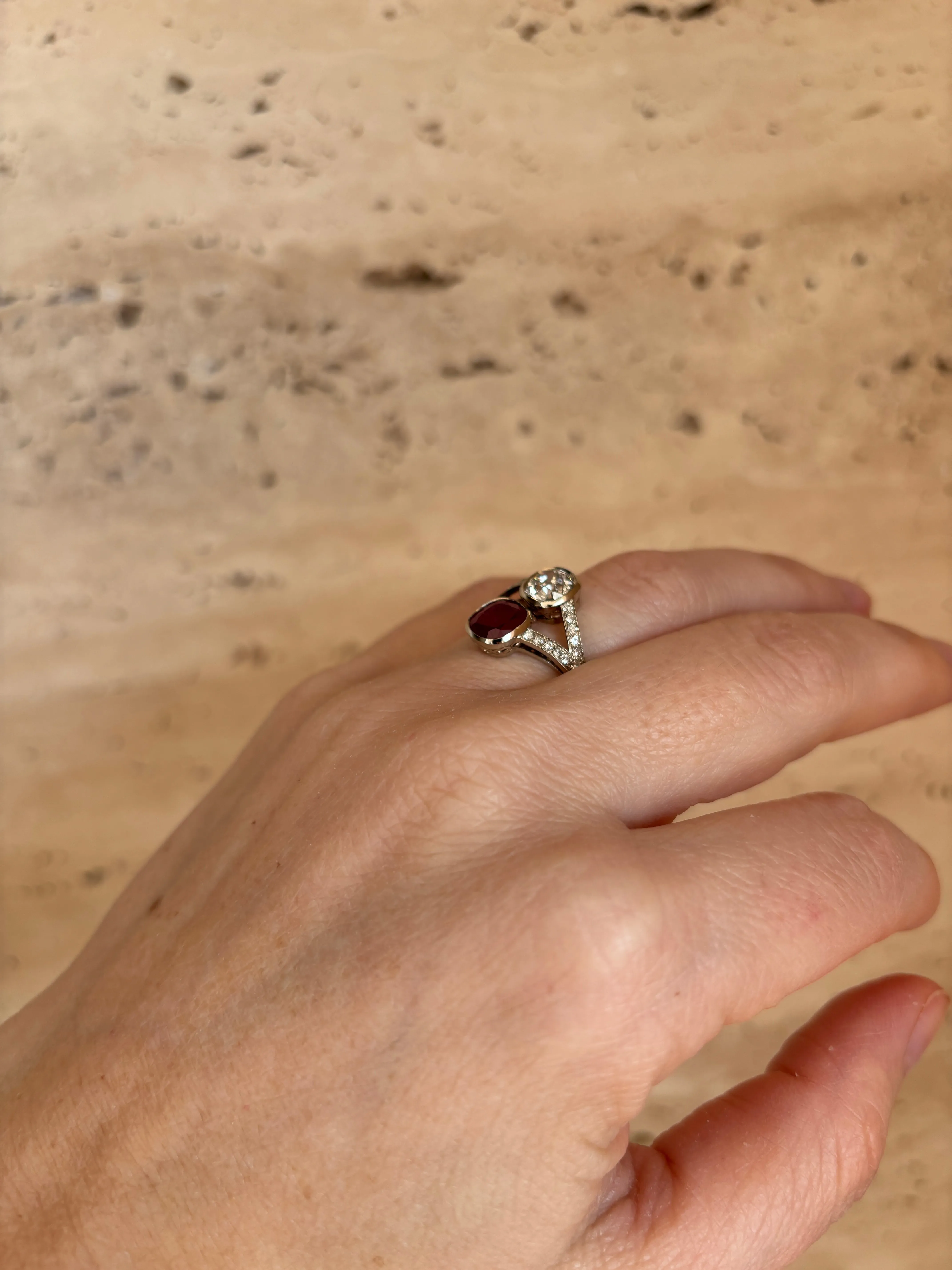 Victorian Certified Natural Unheated Ruby Diamond Vous et Moi Ring