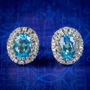 Victorian Style Blue Topaz Diamond Stud Earrings 9ct Gold