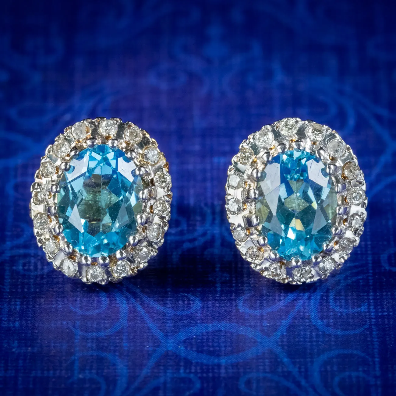 Victorian Style Blue Topaz Diamond Stud Earrings 9ct Gold
