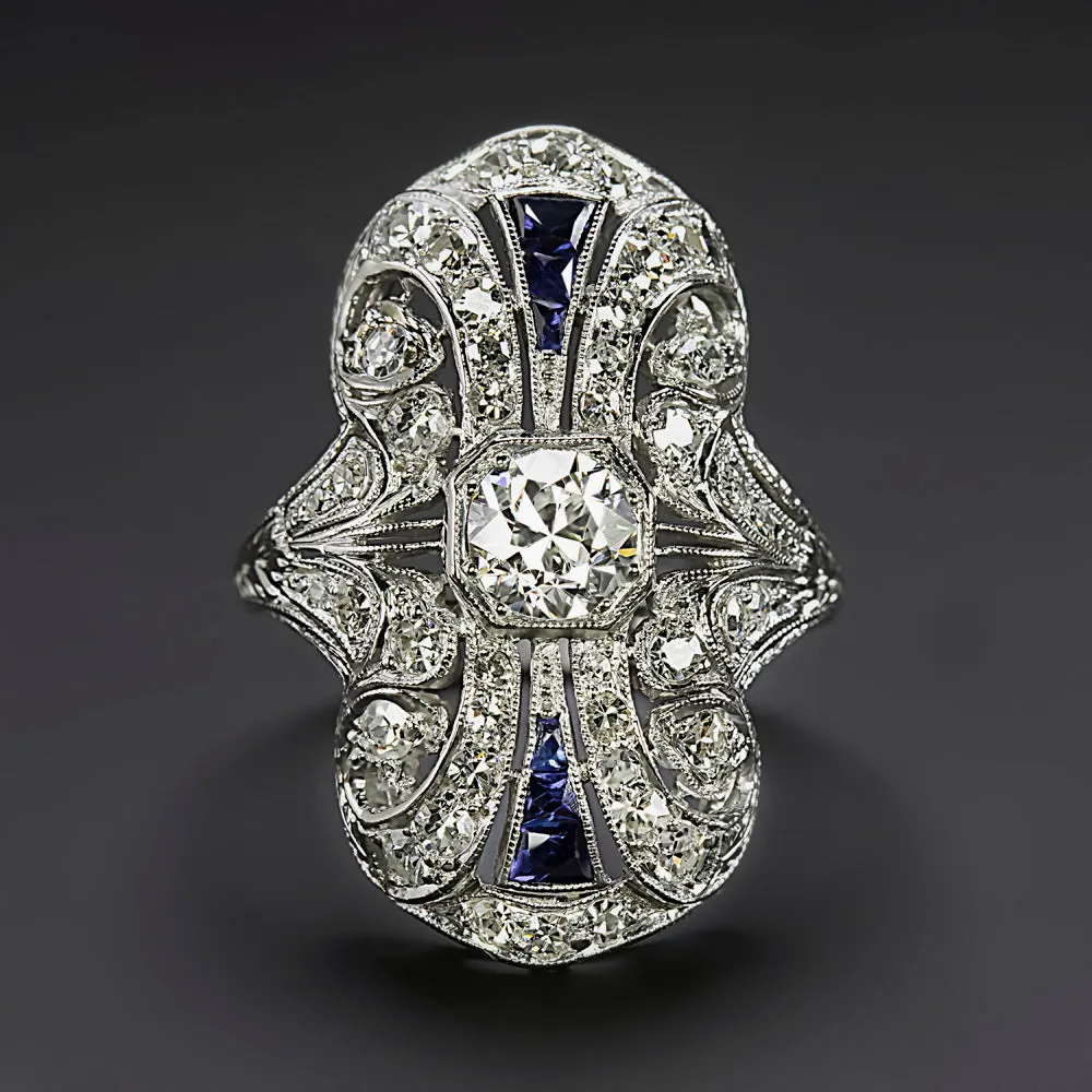 VINTAGE DIAMOND SAPPHIRE COCKTAIL RING ART DECO PLATINUM STATEMENT HANDMADE
