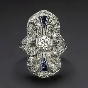 VINTAGE DIAMOND SAPPHIRE COCKTAIL RING ART DECO PLATINUM STATEMENT HANDMADE