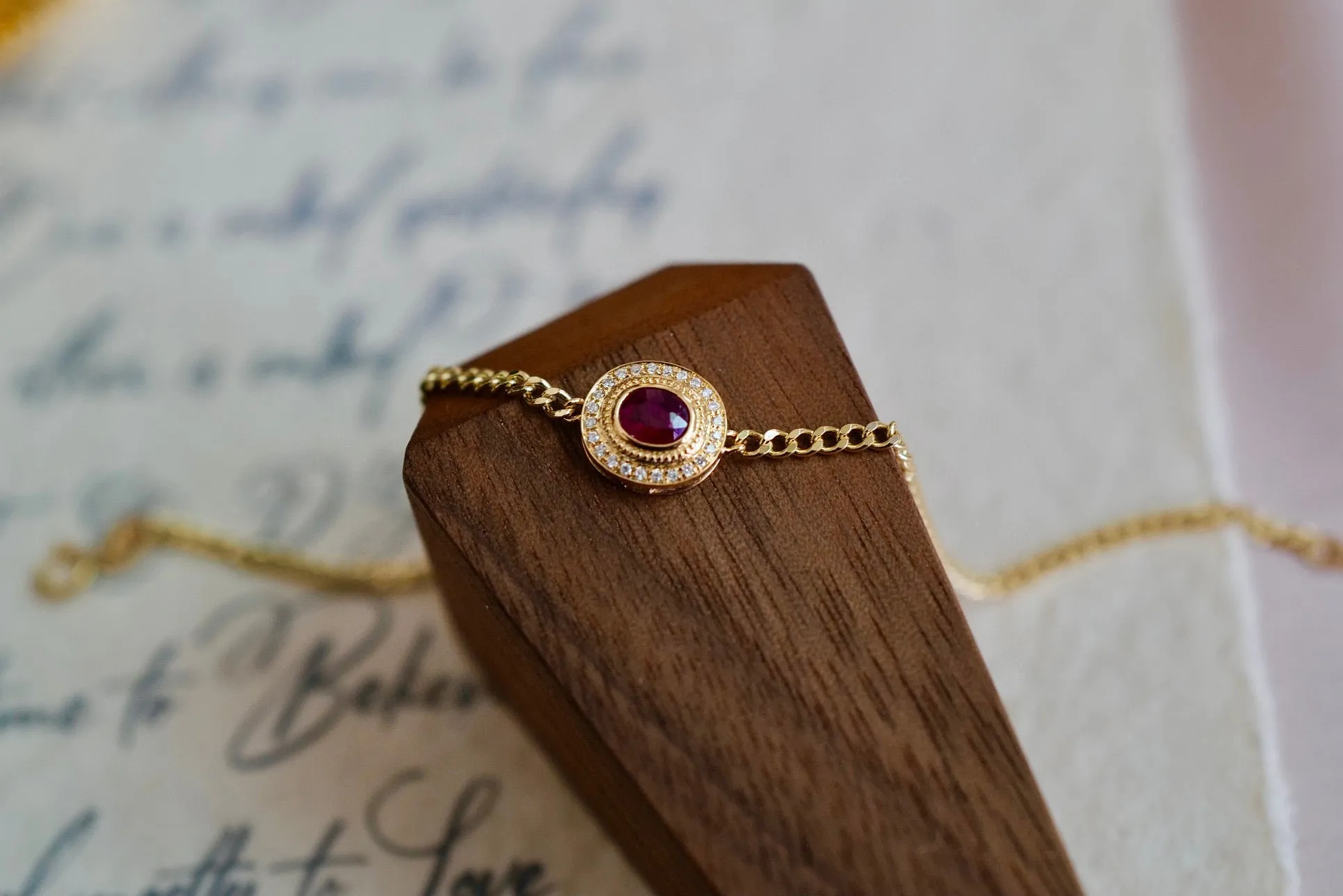 Vintage Genuine Ruby Diamond Bracelet/18K Solid Gold Ruby Diamond Cuban Chain Bracelet
