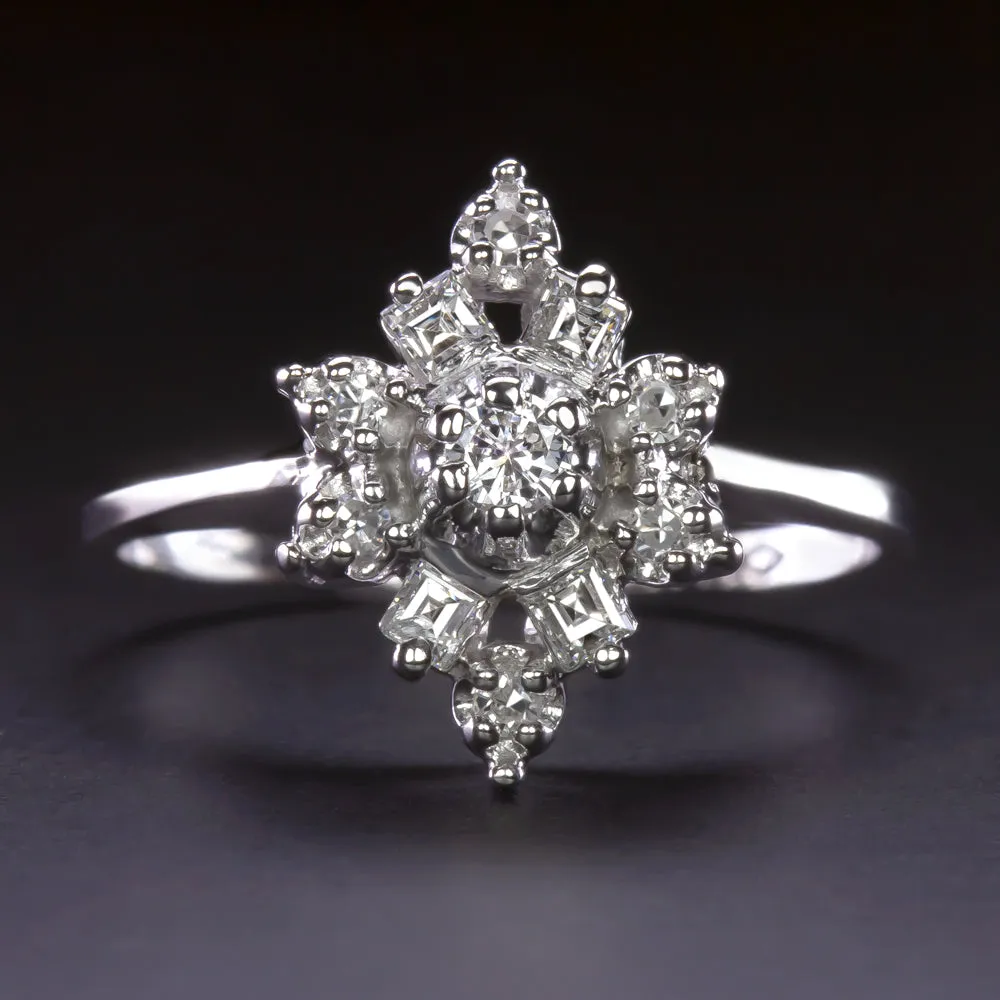 VINTAGE NATURAL DIAMOND CLUSTER RING 14k WHITE GOLD CARRE CUT COCKTAIL ESTATE
