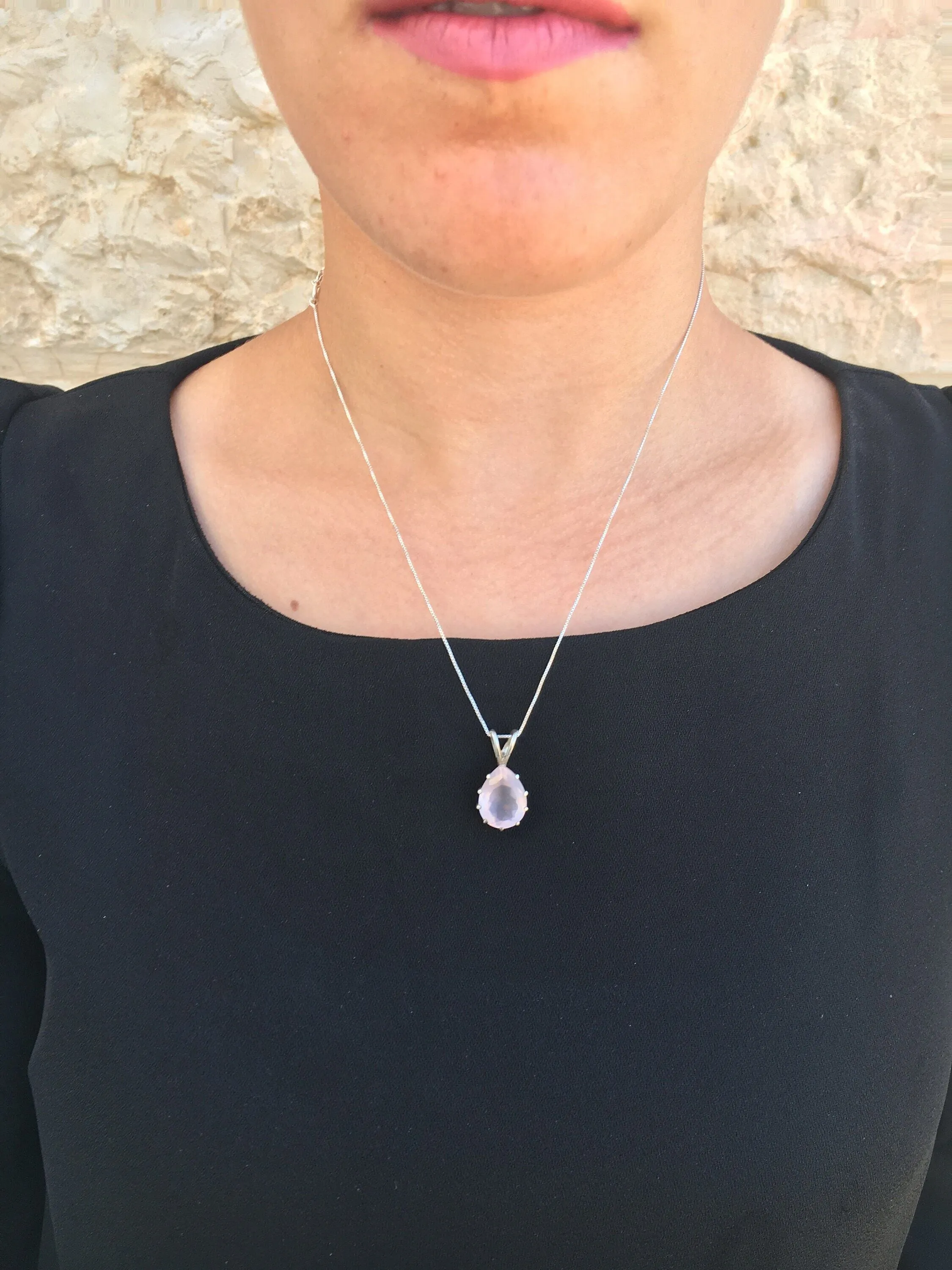 Vintage Quartz Necklace - Natural Rose Quartz Necklace - Pink Teardrop Pendant