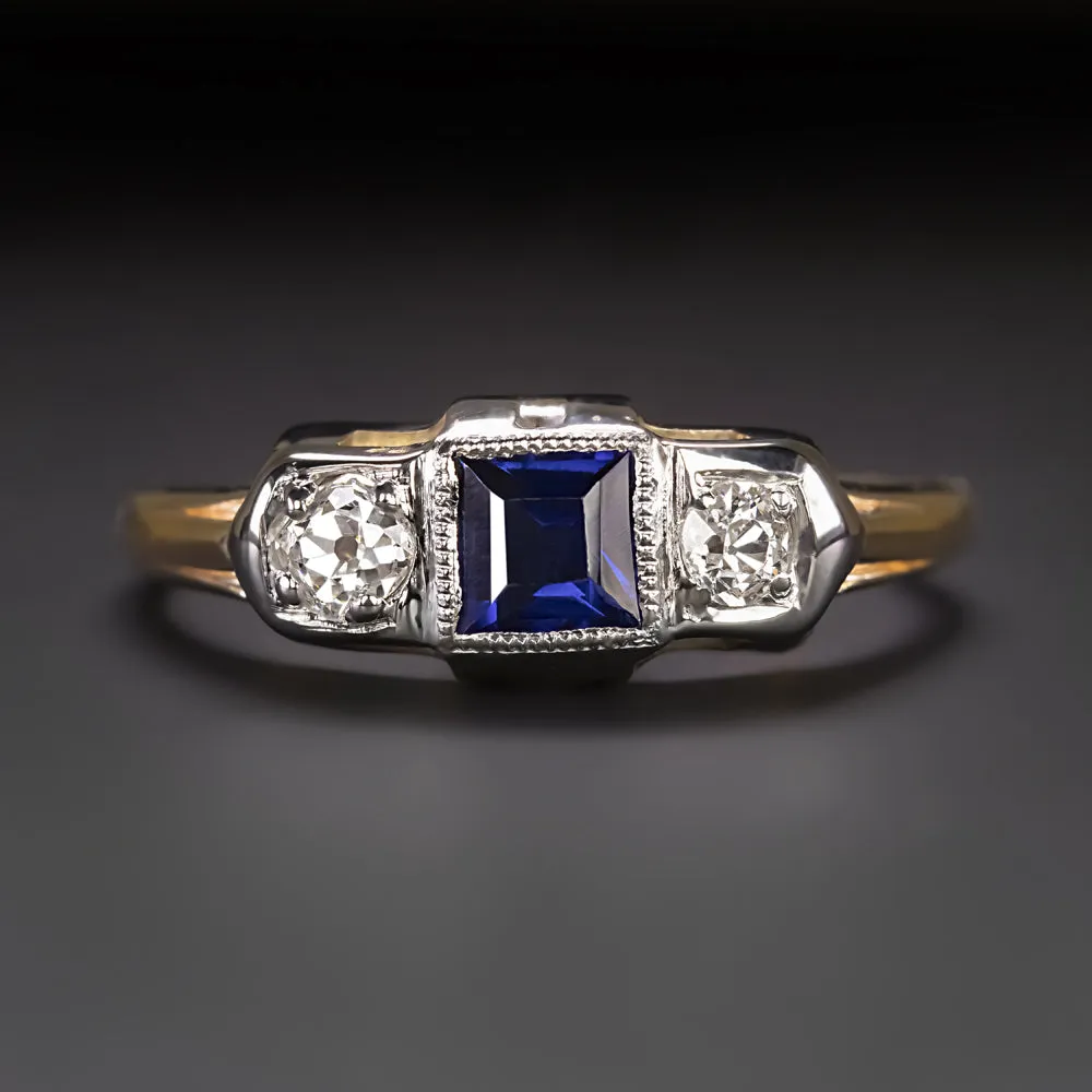 VINTAGE SAPPHIRE DIAMOND COCKTAIL RING TWO TONE 14k YELLOW WHITE GOLD ESTATE