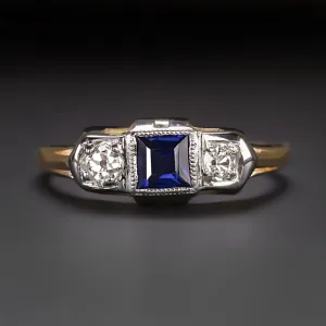 VINTAGE SAPPHIRE DIAMOND COCKTAIL RING TWO TONE 14k YELLOW WHITE GOLD ESTATE