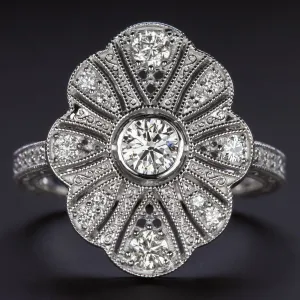 VINTAGE STYLE DIAMOND COCKTAIL RING NATURAL 14k WHITE GOLD SCALLOPED ROUND CUT