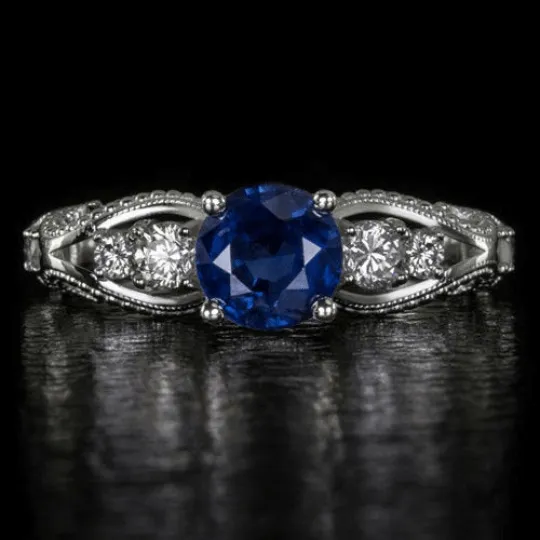 VINTAGE STYLE NATURAL BLUE SAPPHIRE G SI DIAMOND ENGAGEMENT COCKTAIL RING 14k