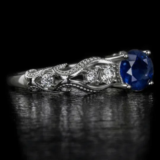 VINTAGE STYLE NATURAL BLUE SAPPHIRE G SI DIAMOND ENGAGEMENT COCKTAIL RING 14k