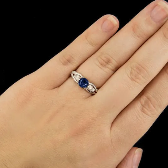VINTAGE STYLE NATURAL BLUE SAPPHIRE G SI DIAMOND ENGAGEMENT COCKTAIL RING 14k
