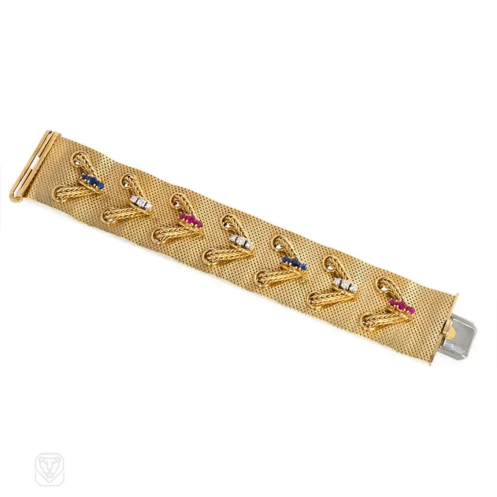 Woven gold and lace gem-set bracelet, Lotos