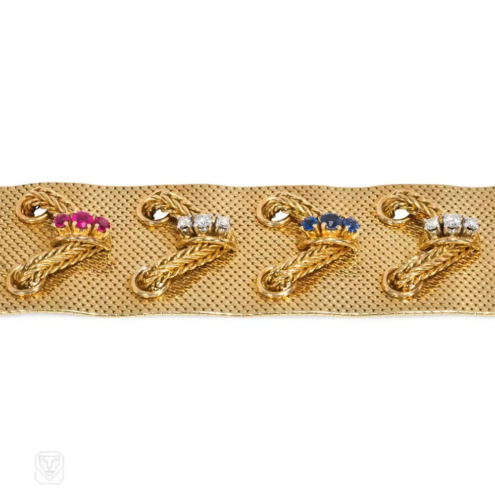 Woven gold and lace gem-set bracelet, Lotos