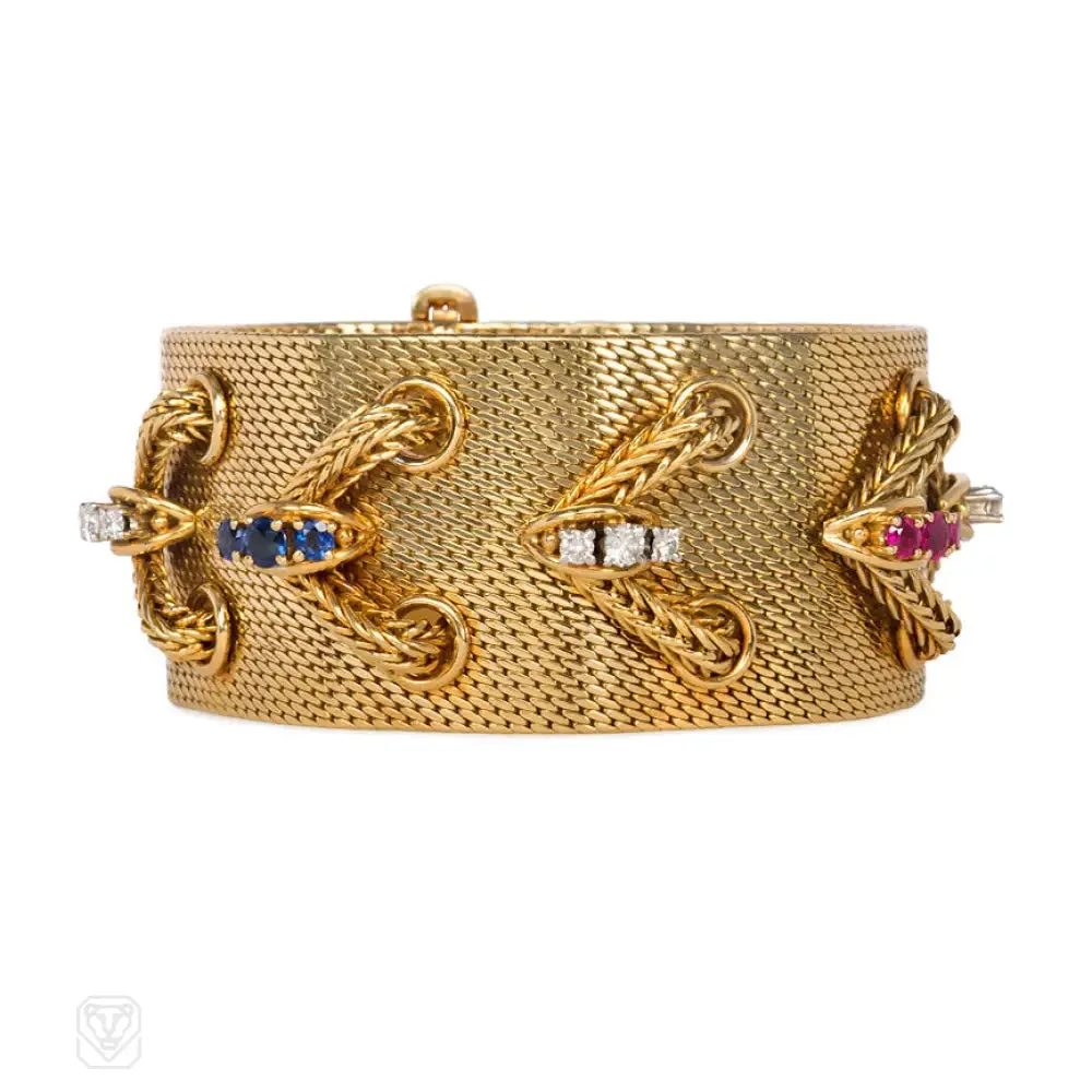 Woven gold and lace gem-set bracelet, Lotos