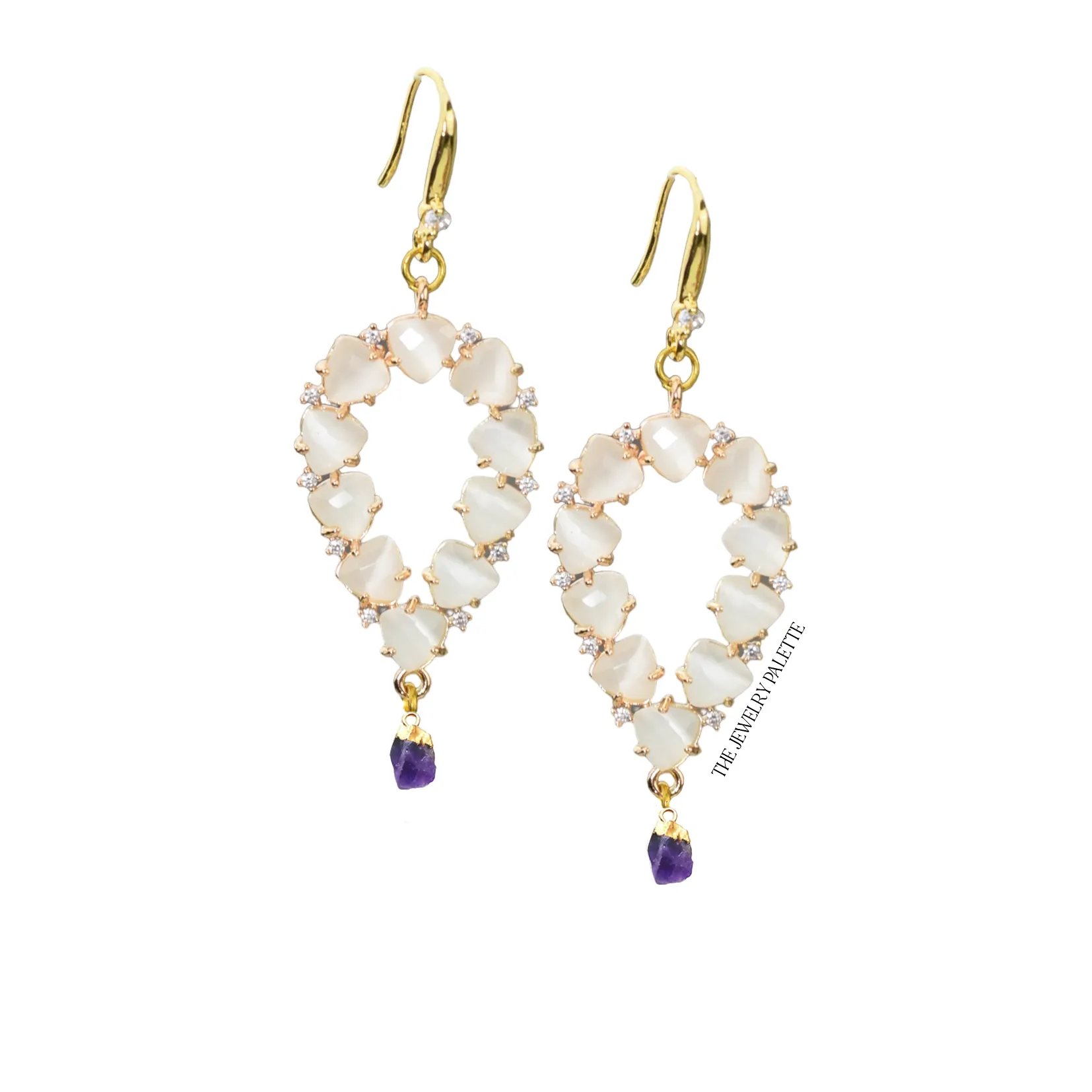 Yara white stones with gold edged amethyst drop earrings
