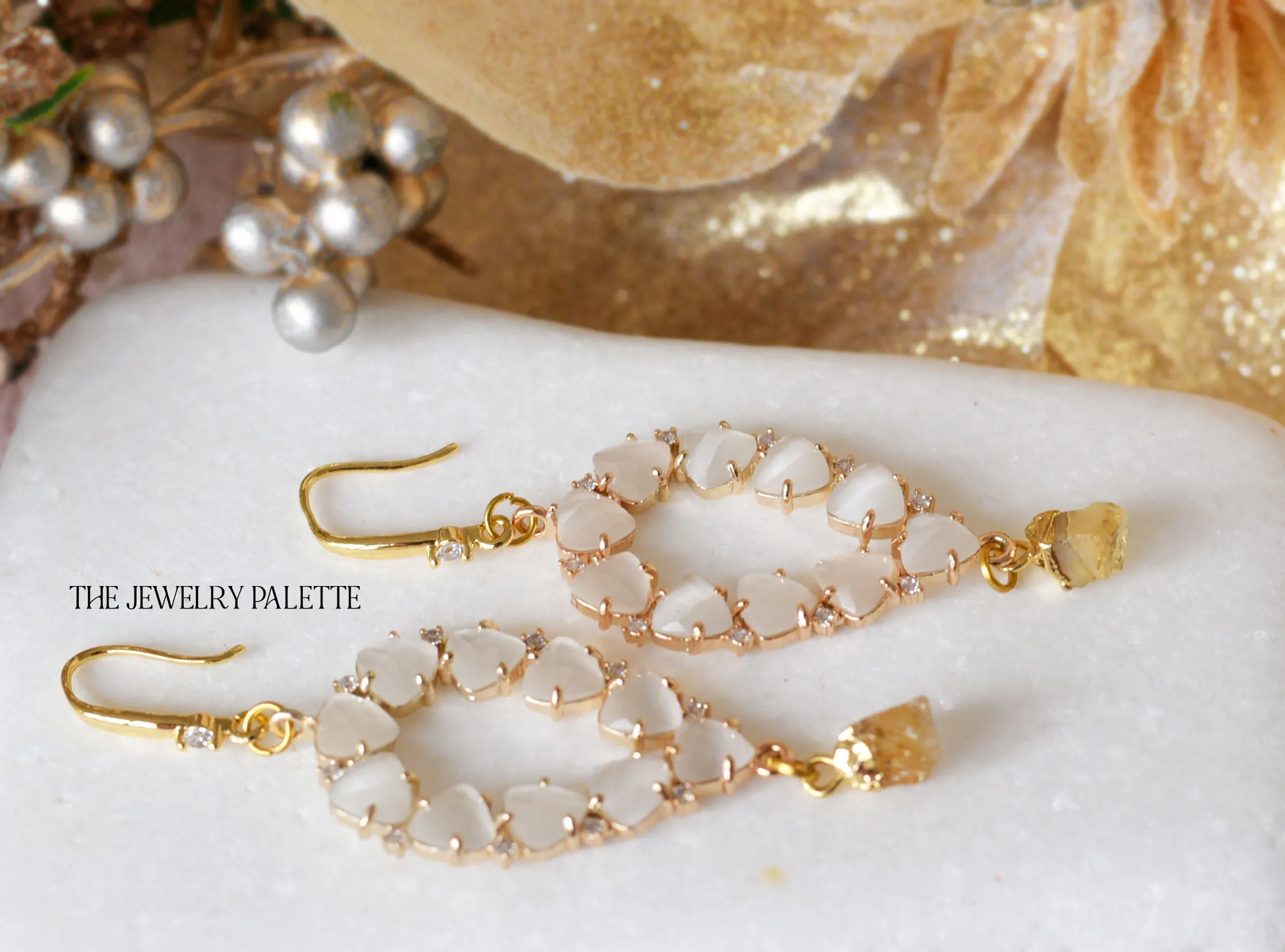 Yara white stones with gold edged amethyst drop earrings